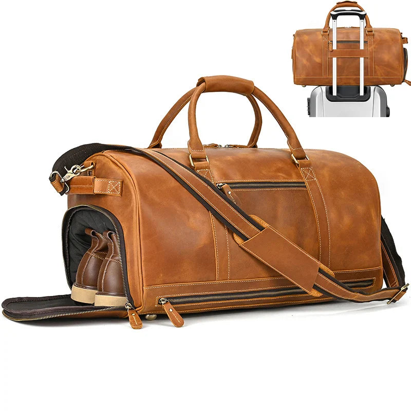 Femlion Crazy Horse Leather Fitness Duffel Bag for Men