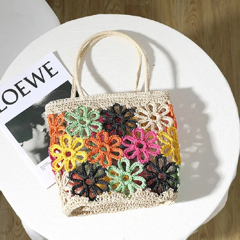 Femlion Hollow Flowers Straw Hand-Woven Beach Bag.