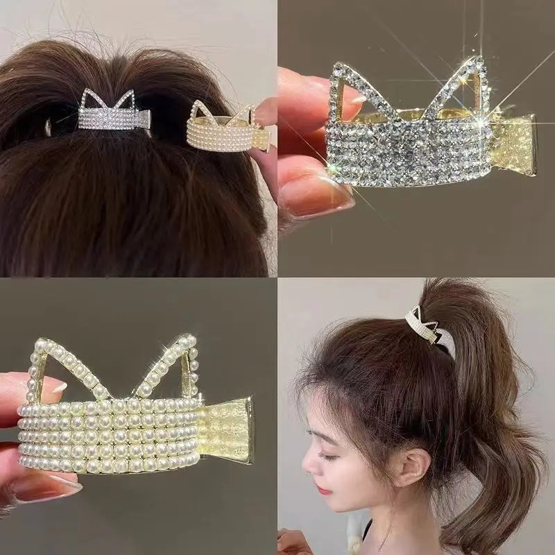 Femlion Rhinestone Cat Ear Hair Claws Ponytail Clip for Girls Female Hair Accessories