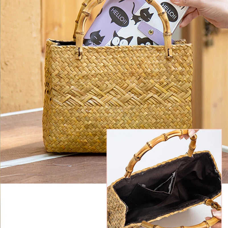 Femlion Nordic Seaweed Woven Bag with Bamboo Handle for Casual Style