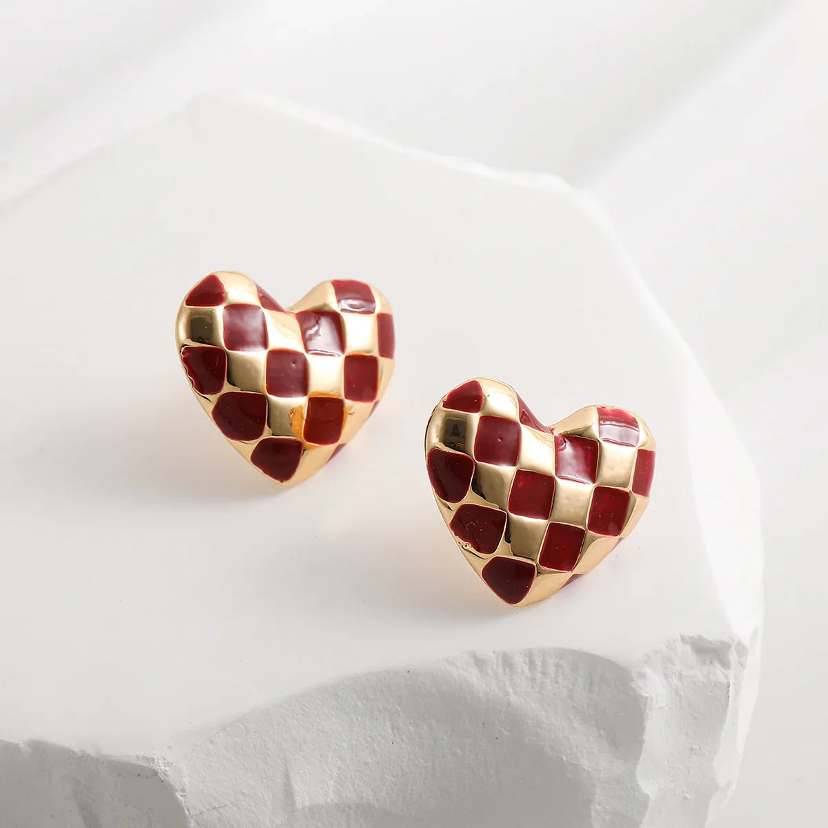 White Gold Heart Stud Earrings - Femlion Elegant Plaid Love Jewelry