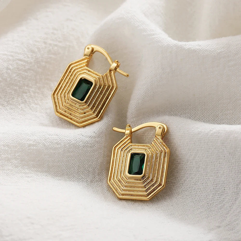 Femlion Green Crystal Geometric Gold-Plated Hoop Earrings for Women