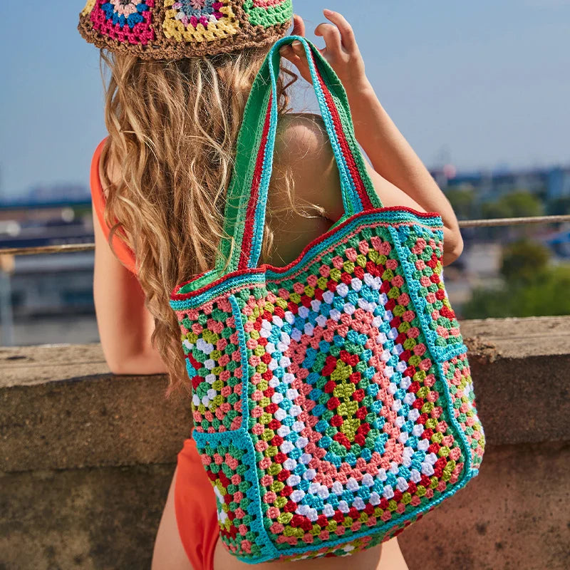 Femlion Bohemian Crochet Paisley Women Shoulder Bag - Handmade Large Tote for Casual Style