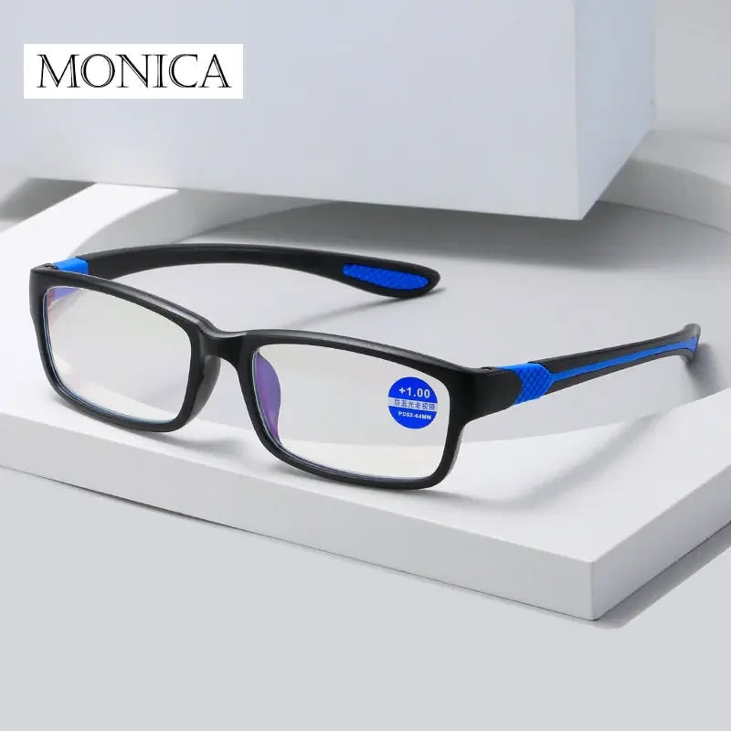 Femlion Anti-blue Light Reading Glasses Black Red TR90 Frame +100 to +400 Gradual prescription