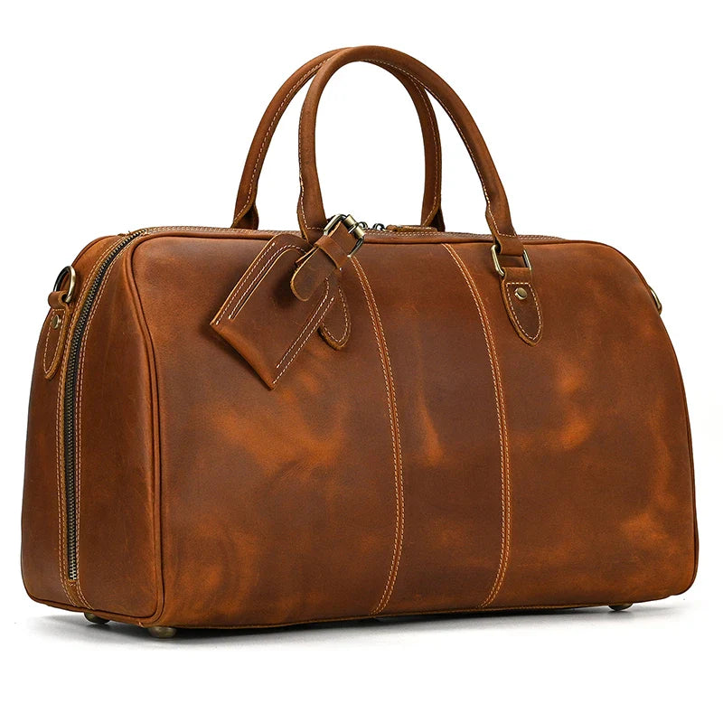 Femlion Leather Travel Duffle Bag - Top Cowhide Weekender Handbag