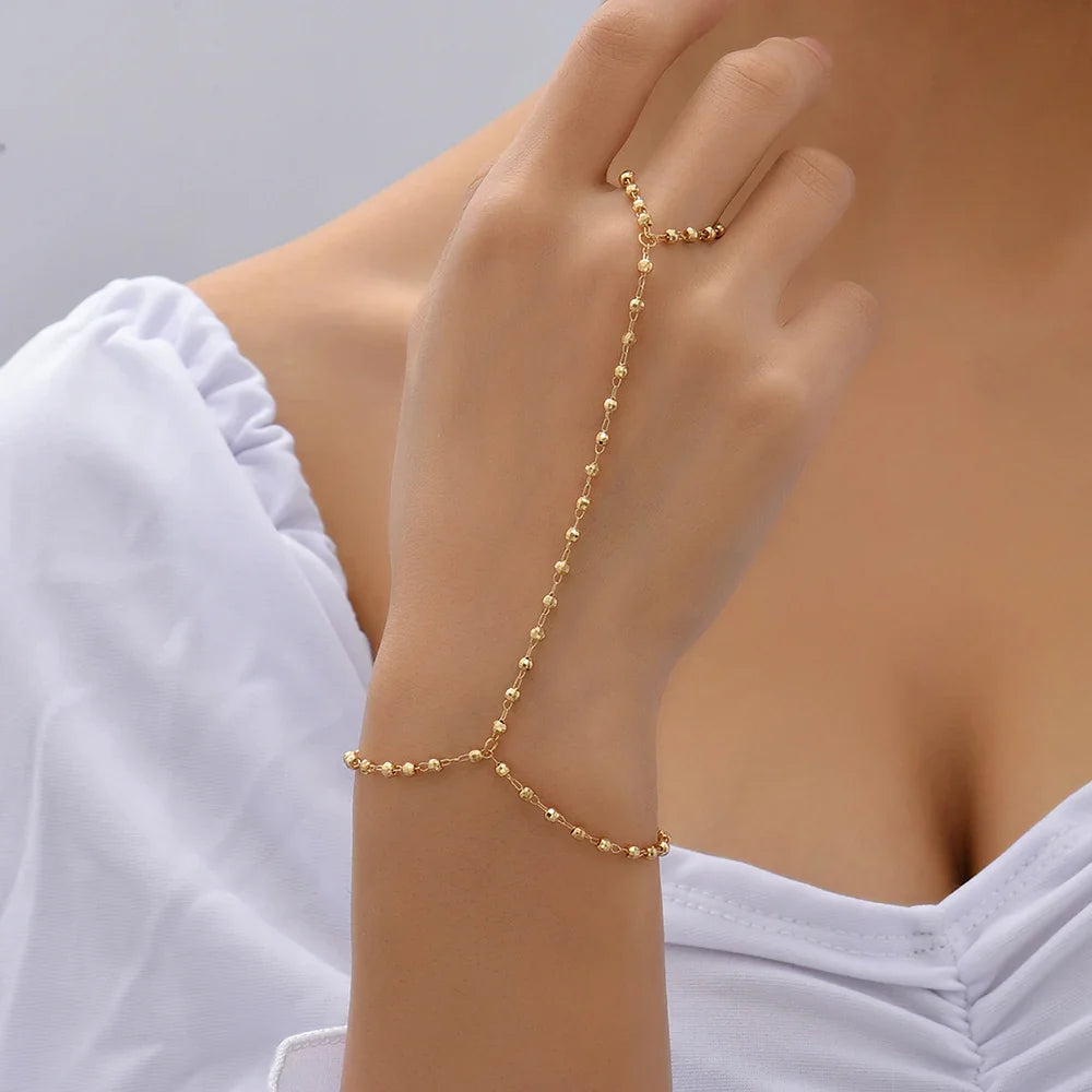 Femlion Gold Faceted Beads Chain Hand Harness Jewelry for Elegant Women