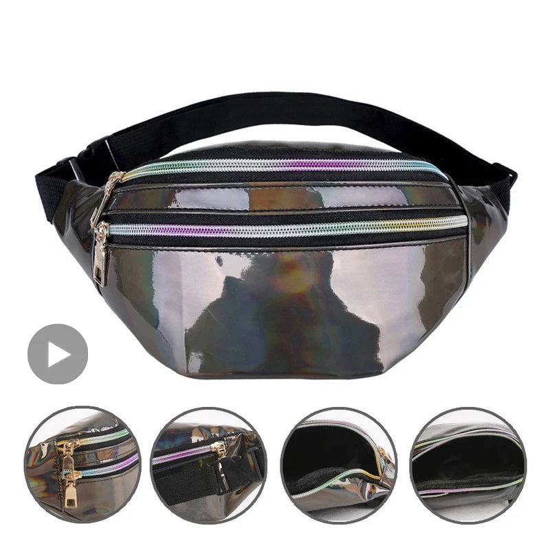 Femlion Holographic PU Leather Waist Bag Fanny Pack for Women and Men