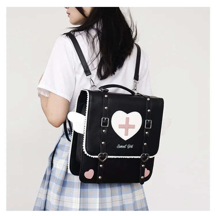 Femlion Wing Heart Cross Backpack: School, Travel, Laptop Bag for Students and Cosplay