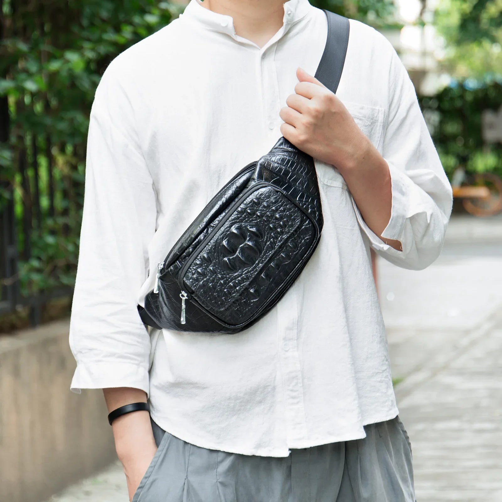 Femlion Crocodile Pattern Casual Waist Bag - Men's Leather Chest Crossbody Pack