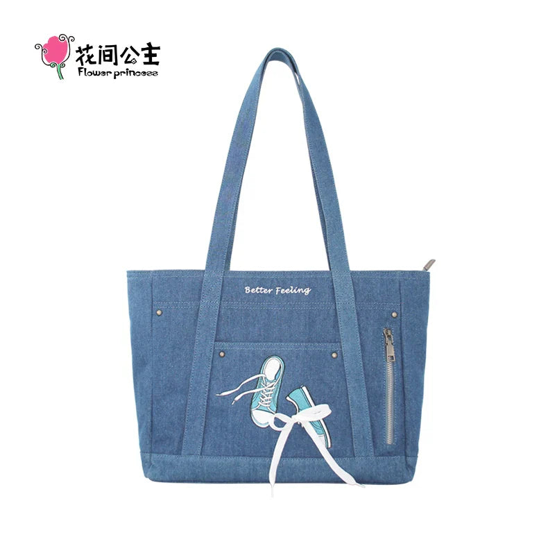 Femlion Denim Cloth Flower Princess Shoulder Bag & Tote - 2024 Trend Fashion Big Bags