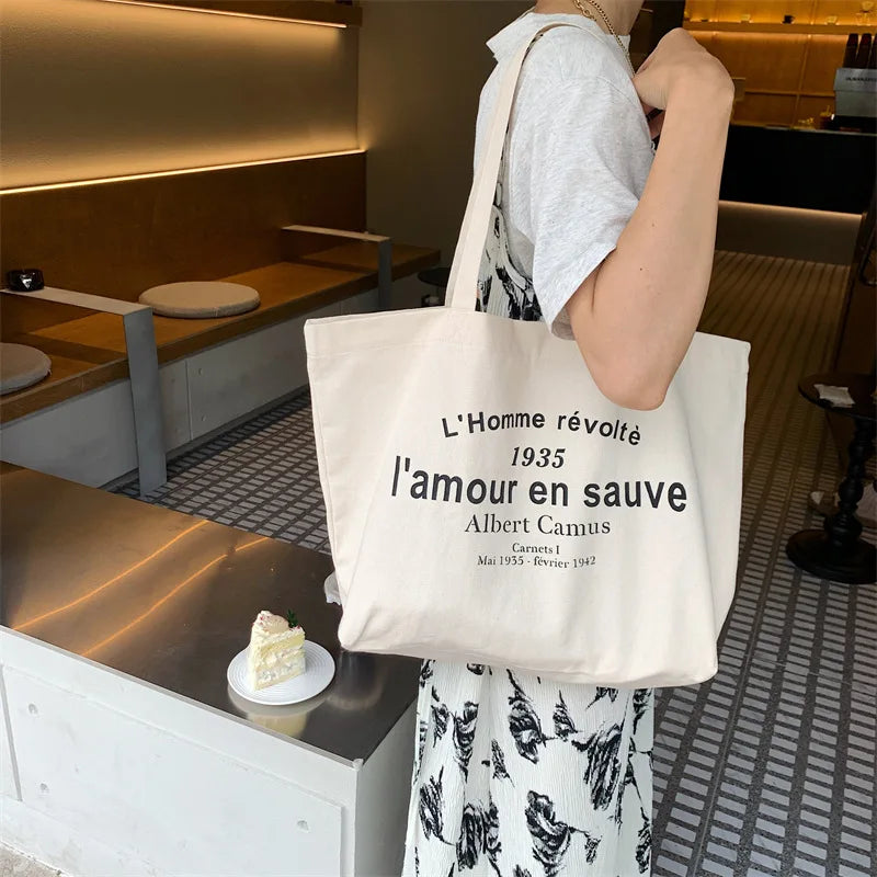 Femlion Camus-inspired Canvas Shoulder Bag: L'homme révolté Eco Tote Handbag Tote