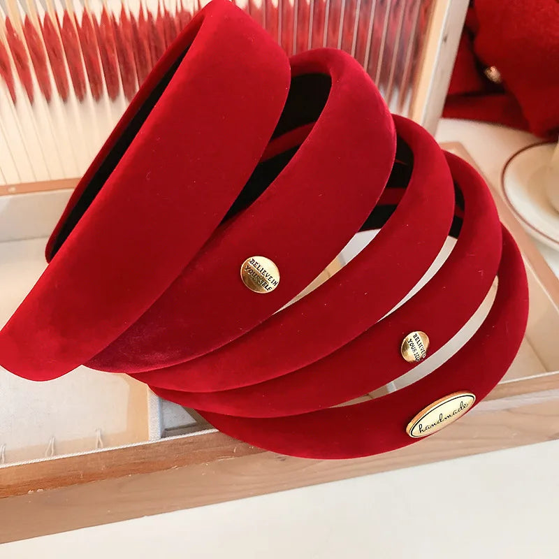 Femlion Red Flocking Oval Wide-brimmed Hairband - Fashion Retro Hair Accessories