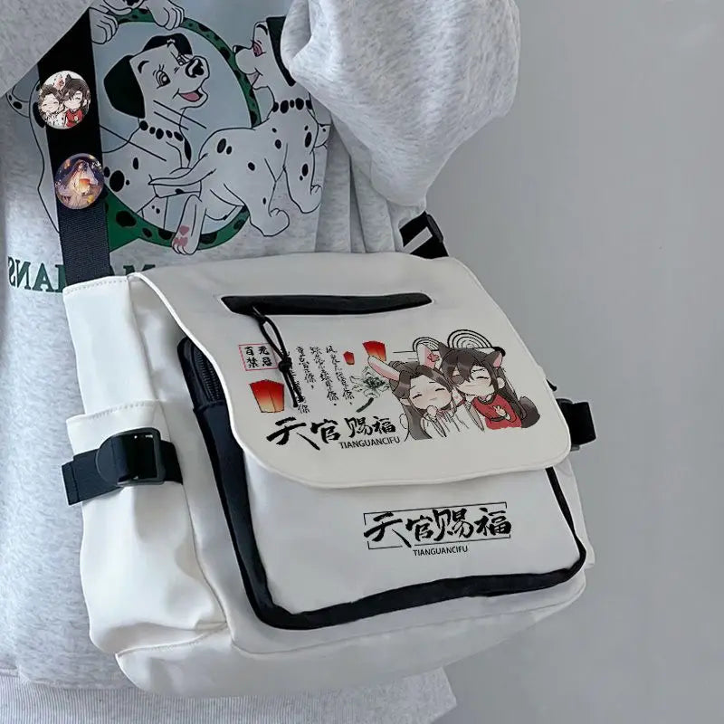 Femlion Cartoon Messenger Bag with Front Zipper Badges, Black White Crossbody