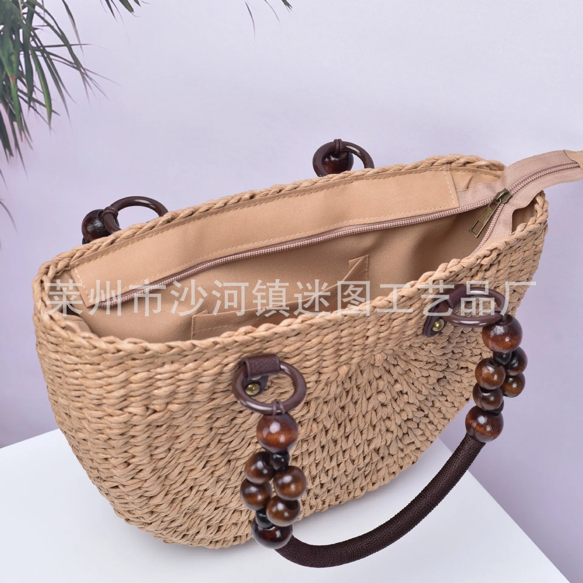 Femlion Handmade Grass Woven Wood Bead Tote Bag