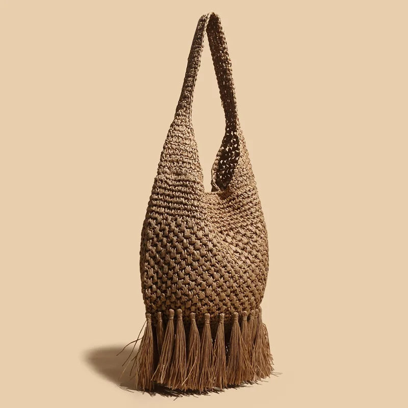 Femlion Beach Handbag Woven Rattan Straw Shoulder Bag Tassel Messenger Women