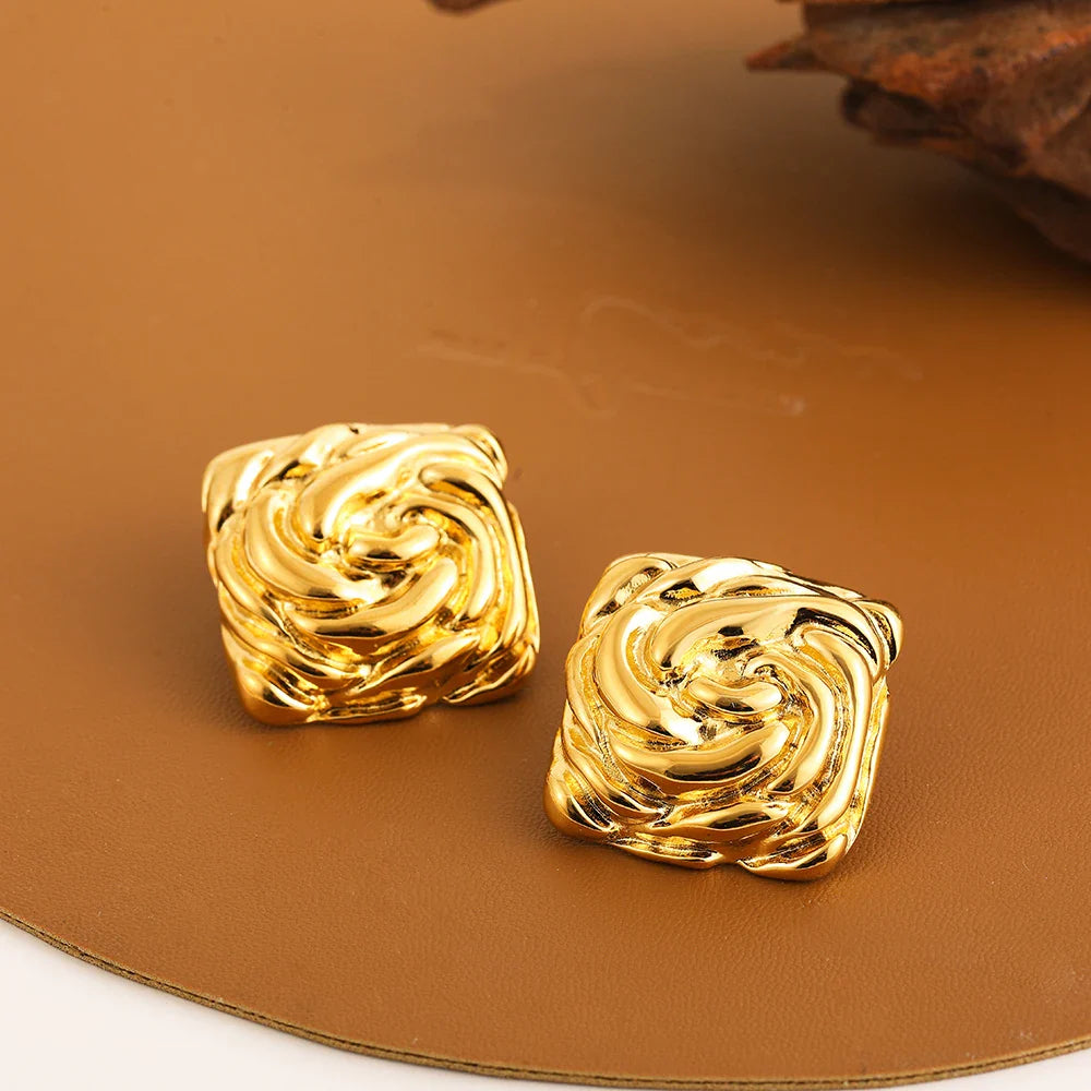 Femlion Gold Plated Roseflower Drop Earrings - Geometric Square Design