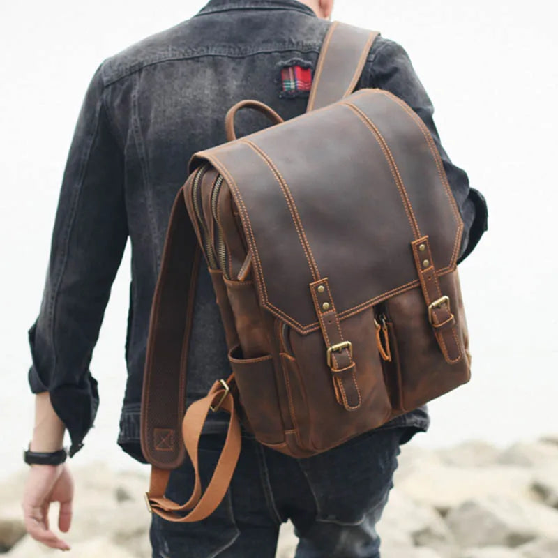 Femlion Vintage Crazy Horse Leather Laptop Backpack for Men