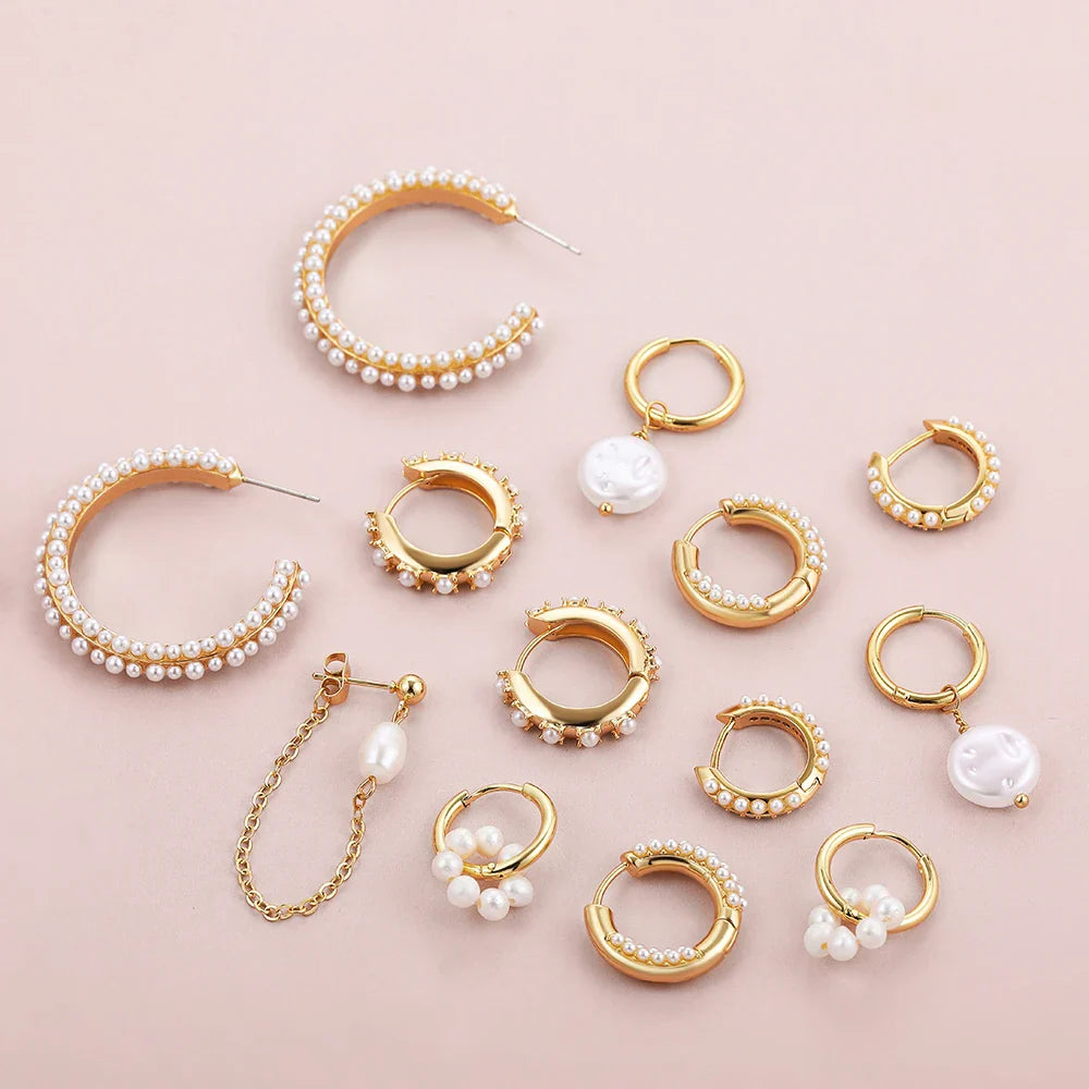 Femlion Gold Plated Pearl Small Circle Hoop Earrings for Women