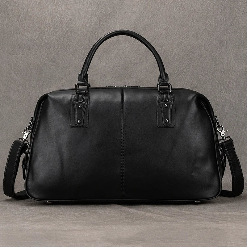 Femlion Black Leather Travel Duffle Bag 50cm