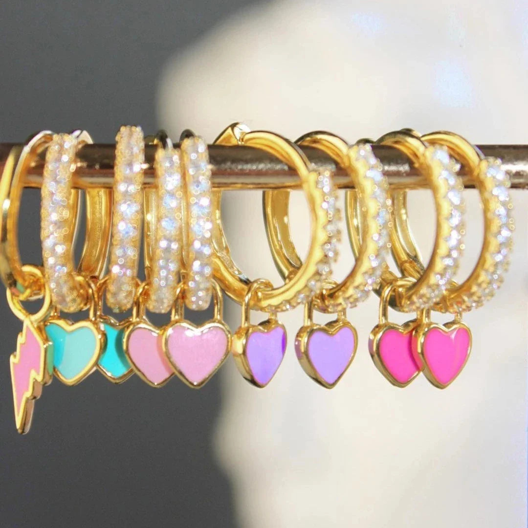 Femlion Rhinestone Circle Hoop Earrings with Candy Heart Charm - Gold Plated Jewelry