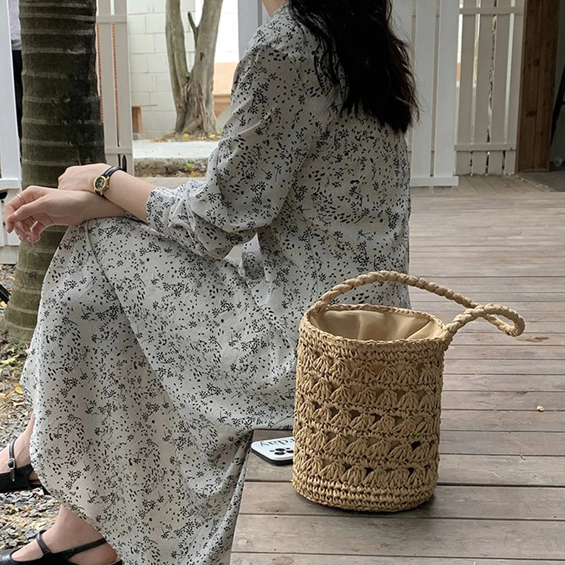 Femlion Straw Woven Bag: 2022 Summer Hand Woven Hollow Bucket Rattan Bag for Women