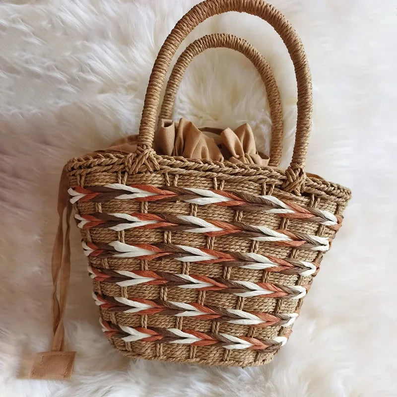 Femlion Bamboo Rattan Handbag with Woven Handle and Storage Basket