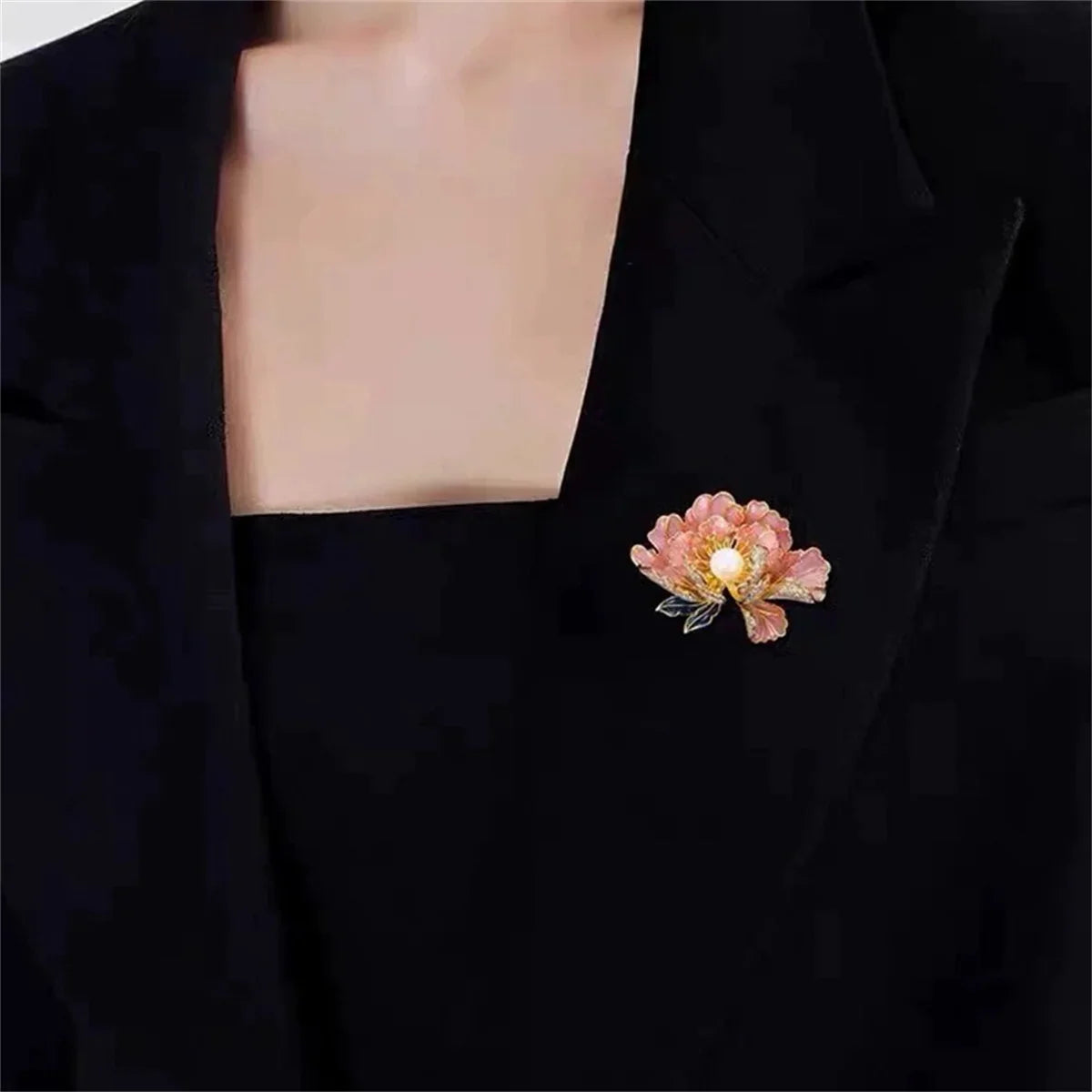 Femlion Peony Flower Brooch Imitation Pearl Pins Enamel Badge Elegant Lady Jewelry