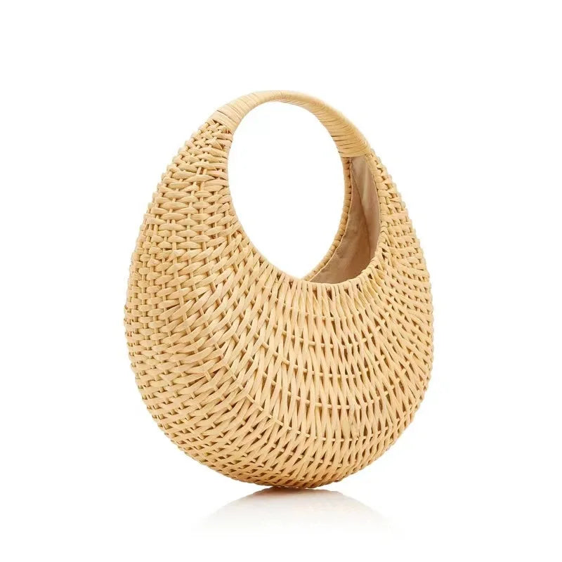 Femlion Summer Straw Beach Bag | Casual Round Woven Handbag for Women