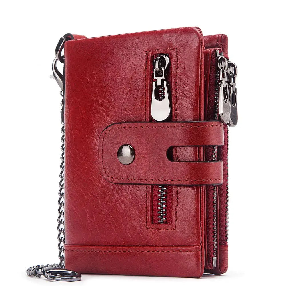 Femlion Cowhide RFID Genuine Leather Men's Wallet with Iron Chains