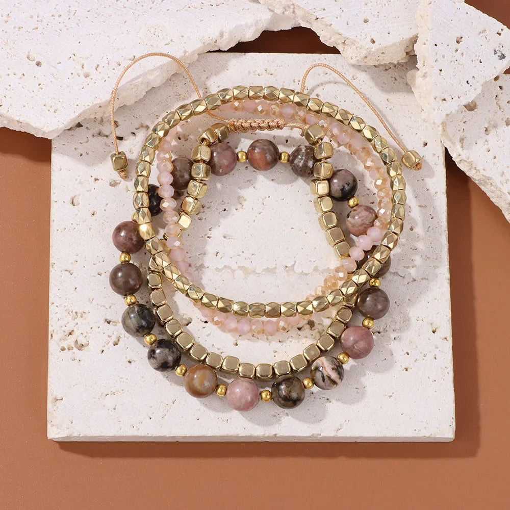 Femlion Natural Stone Bracelets Set With Adjustable Gold Beads - Handmade Crystal Bangles