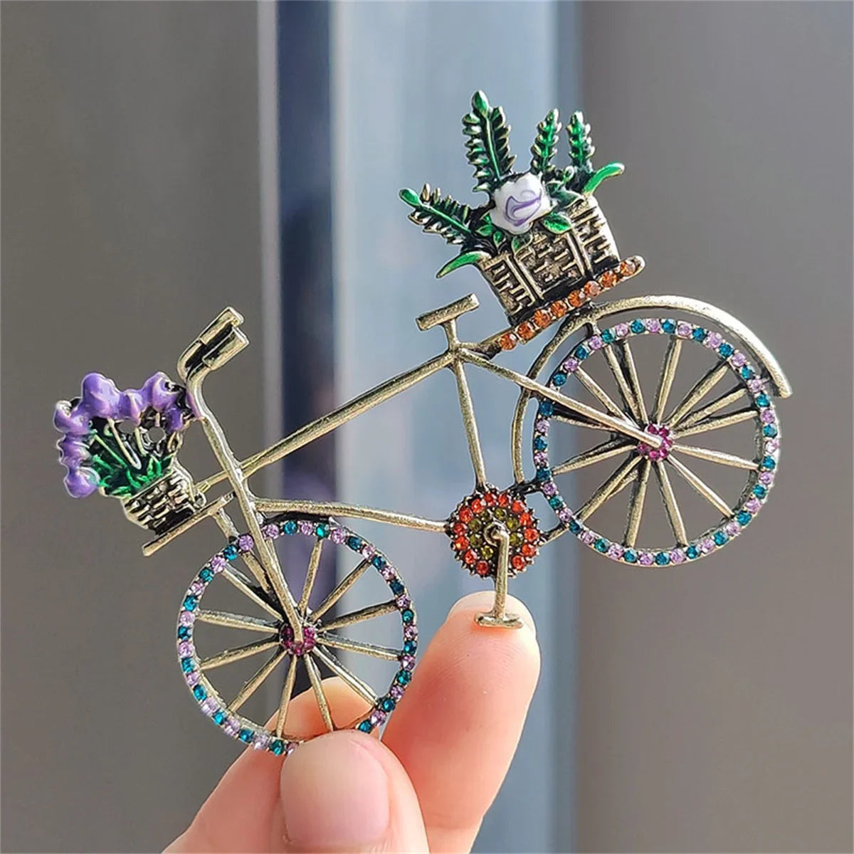 Femlion Rhinestone Bicycle Brooch for Women, Vintage Flower Basket Bike Pin