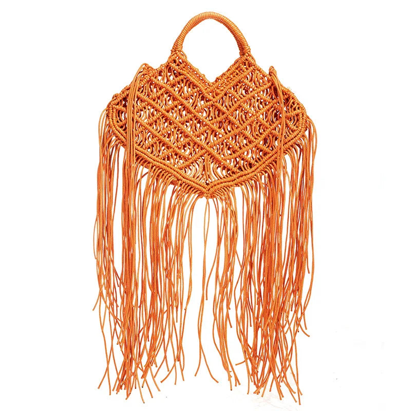 Femlion Tassel Straw Woven Shoulder Bag, Luxury Brand Handmade Cotton Rope Purse