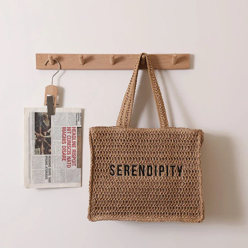 Femlion Square Straw Woven Embroidered Letters Beach Bag