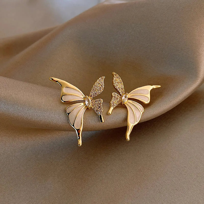 Femlion Zircon Liquid White Enamel Asymmetric Butterfly Stud Earrings - 2024 Fashion Jewelry