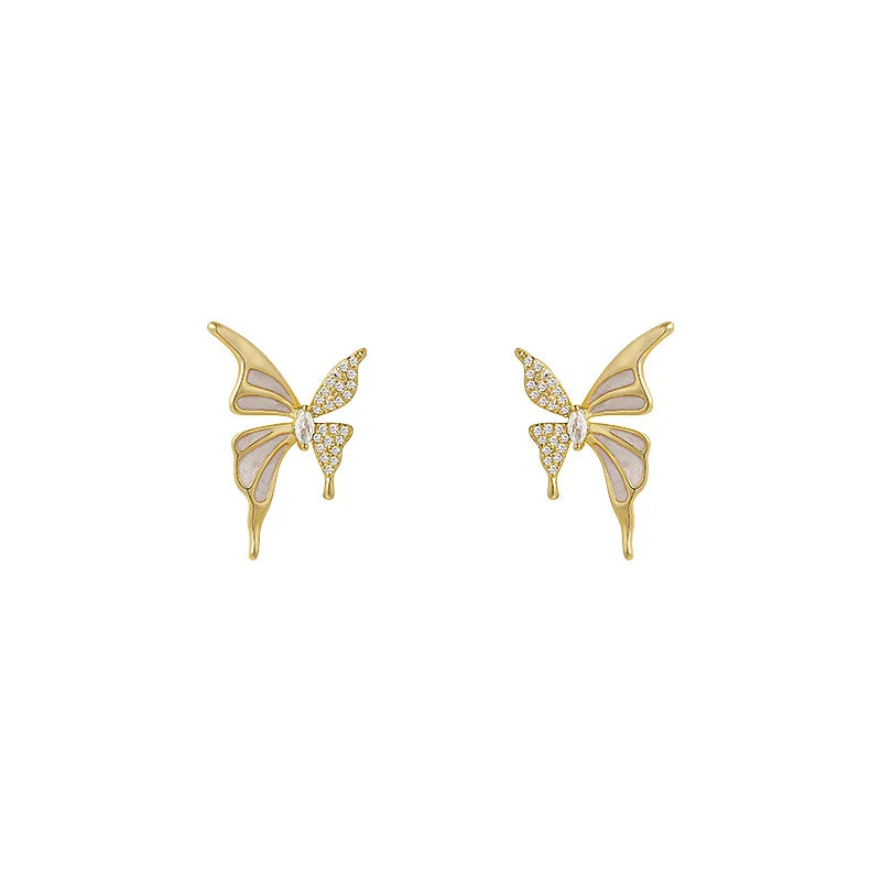 Femlion Zircon Liquid White Enamel Asymmetric Butterfly Stud Earrings - 2024 Fashion Jewelry