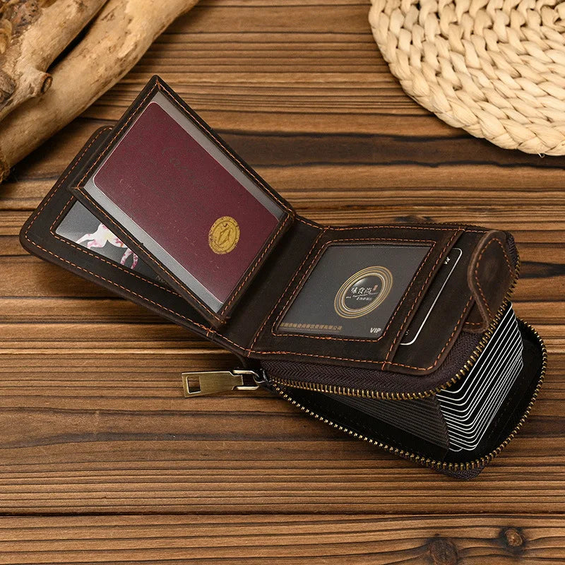 Femlion Genuine Leather Coin Purse Men's Short Wallet with Zipper