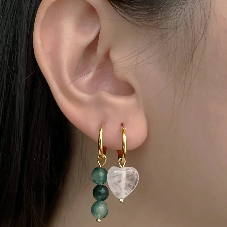 Femlion Crystal Stone Drop Earrings - Asymmetric Heart Round Bead Stainless Steel Circle