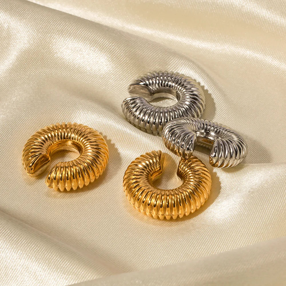 Femlion Gold Stainless Steel Thread Texture Ear Cuff Clip Earrings
