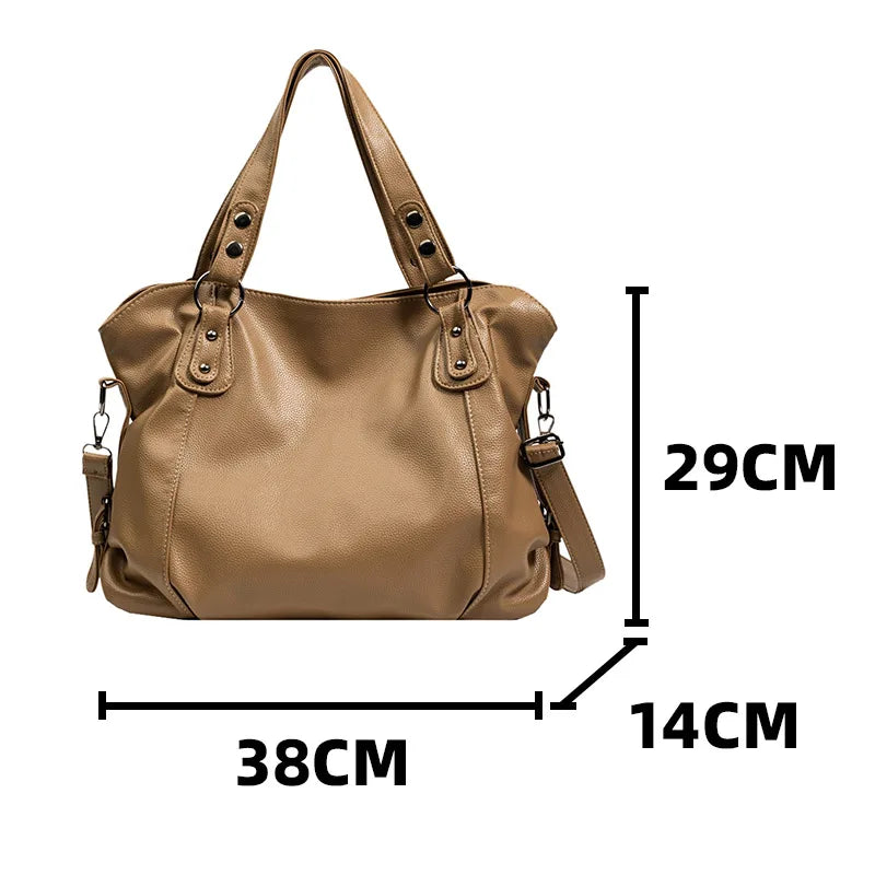 Femlion Large Khaki Leather Shopper Shoulder Bag for Women's Casual Travel