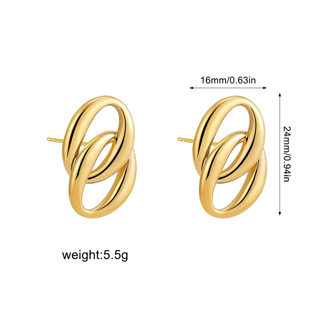 Femlion Gold Plated Double Circle Linked Drop Earrings Stainless Steel Geometric Fashion Jewelry