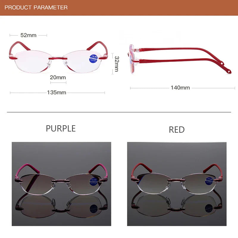 Femlion Frameless Anti-blue Light Reading Glasses for Women with Diopter +1.0 to +4.0