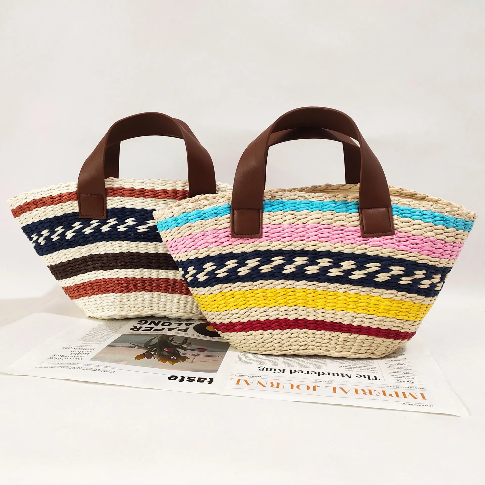 Femlion Boho Straw Woven Beach Bag with Color Contrast Stripes