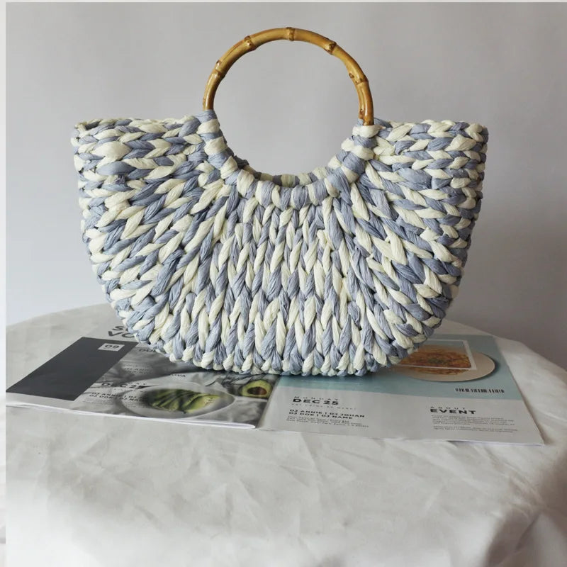 Femlion Bamboo Handle Blue White Woven Beach Bag Handheld Shoulder Women's Bag