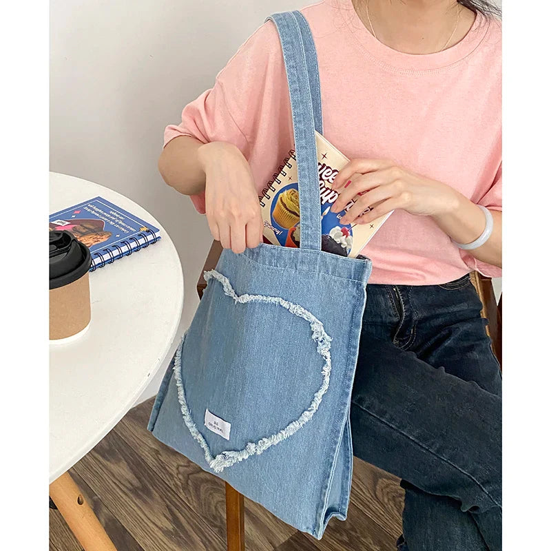 Femlion Love Heart Denim Shoulder Bag Large Shopping Tote Canvas Purse