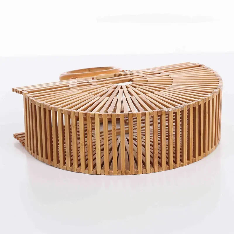 Femlion Bamboo Beach Basket Bag - Hand-held Half Round Design