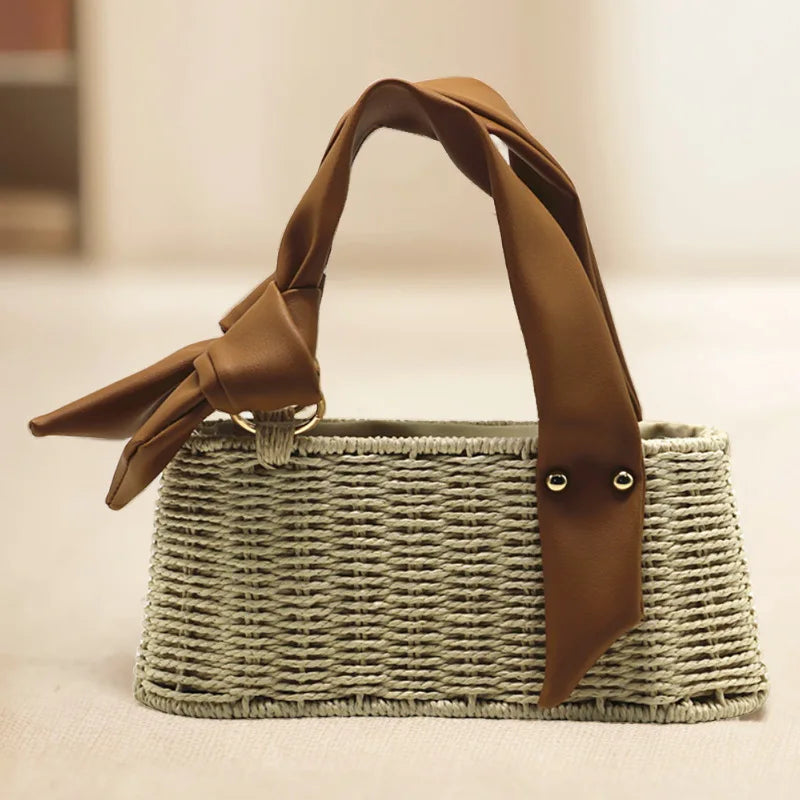 Femlion Straw Woven Trapezoidal Handbag - Mobile Phone Fashionable Women's Bag