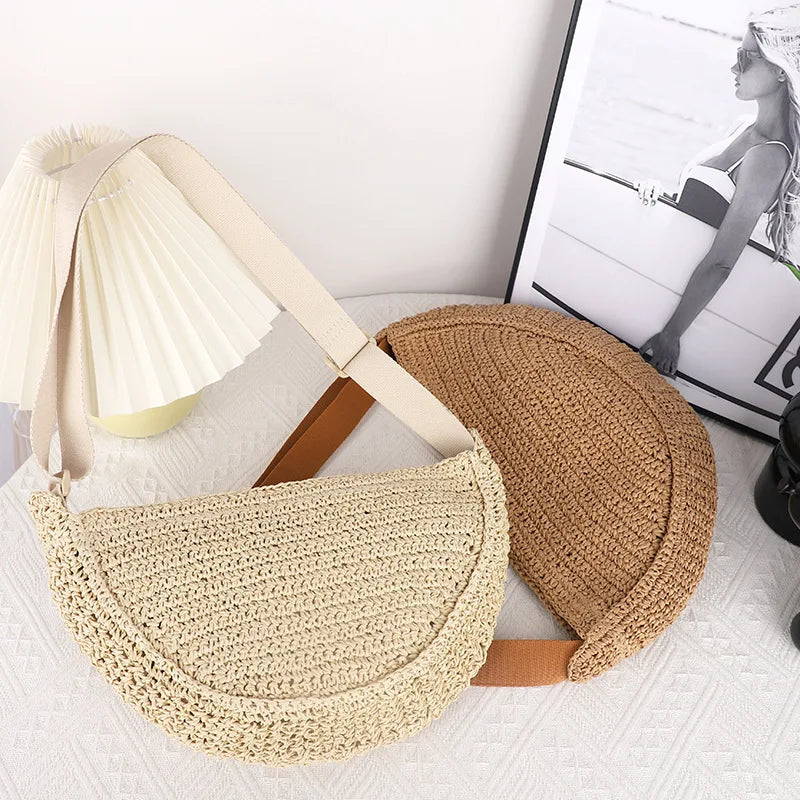 Femlion Grass Woven Mini Shoulder Bag Crossbody Beach Handbag