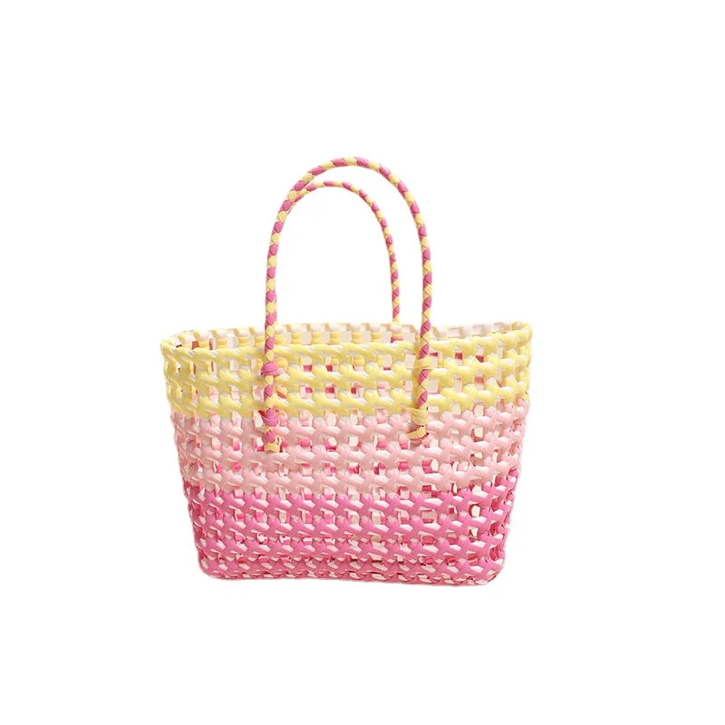 Femlion Square Woven Beach Bag Large Capacity Colorful Handheld Purse