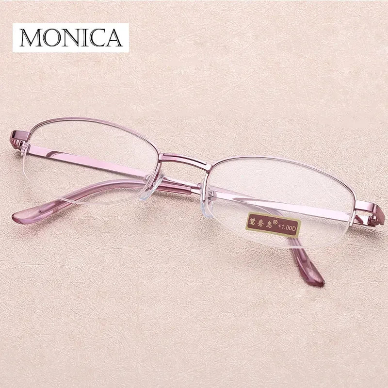 Femlion Metal Half Frame Reading Glasses Purple Diopters +1.0 to +4.0