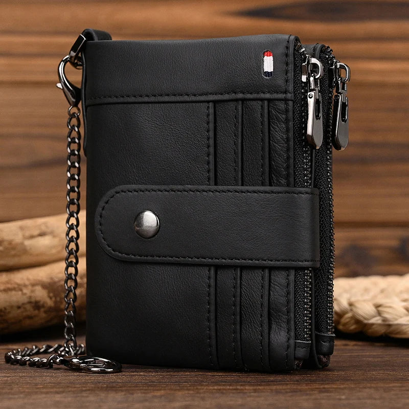 Femlion Luxury Cowskin Wallet with Iron Chain Card Holder for Men and Women